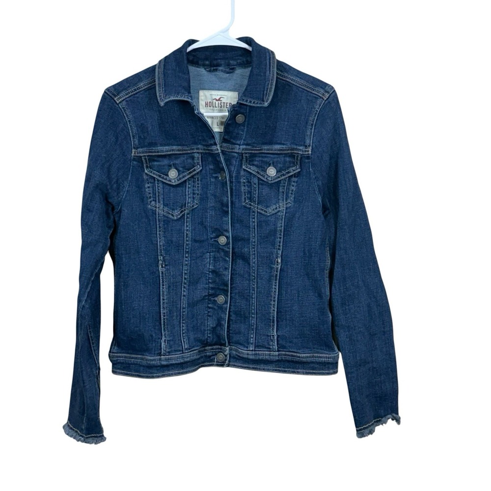 HOLLISTER Denim Jean Jacket Womens Size Large Button Up Blue Stretch Zip Cuff
